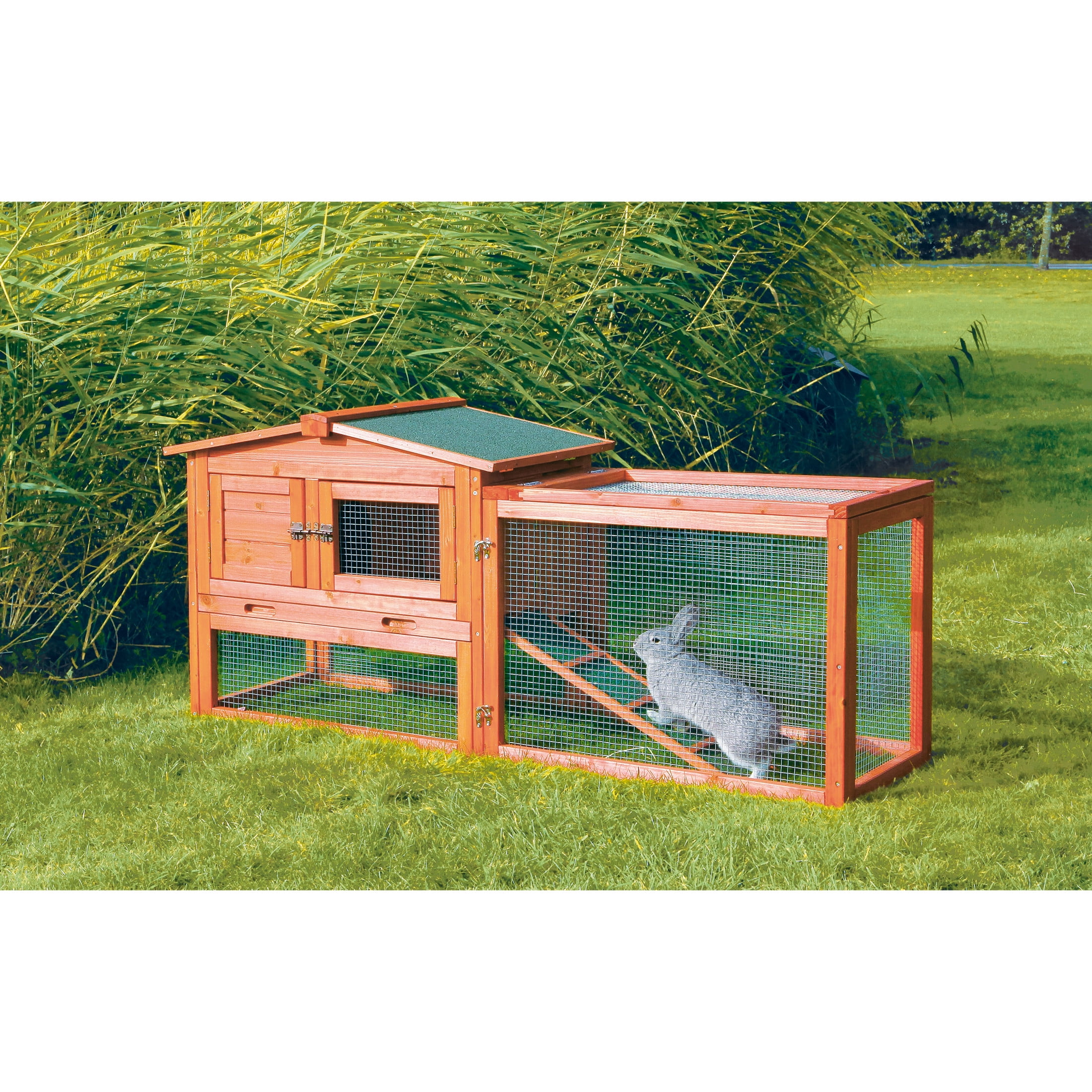 TRIXIE Weatherproof Outdoor 2-Story Wooden Small Animal Hutch, Run & Pull-Out Tray, Brown