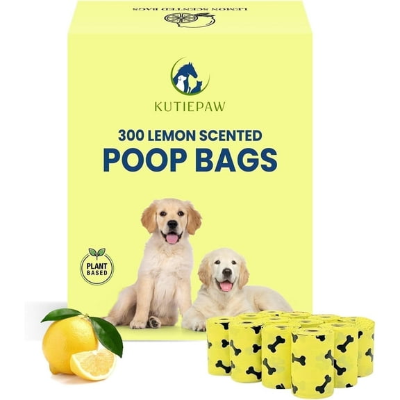 Kutiepaw Dog Poop Bags - 300 Count, Lemon-Scented Biodegradable & Compostable Waste Bags, Extra Thick & Leak-Proof for Eco-Friendly Walks