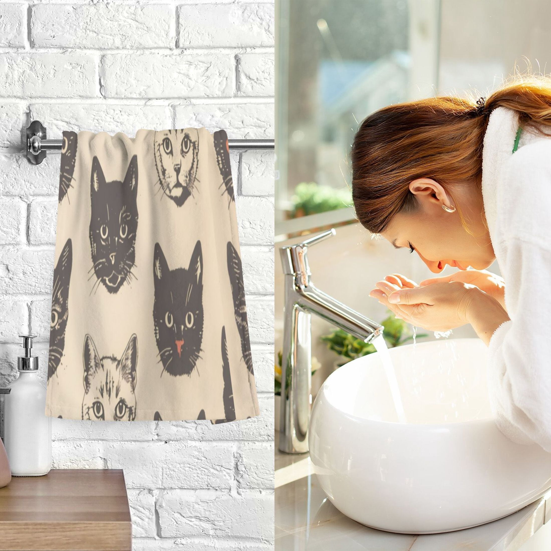 Cotton Towel Two-Piece 16x28 Inch One Sizex2 Face Towel Set Towel Set Cotton Hand Bath Towel Bathroom Beach Black Cat
