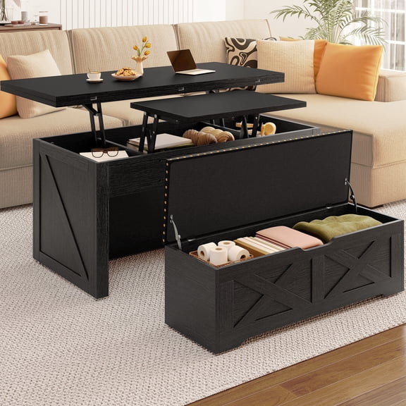 Craftian Farmhouse Lift Top Center Table with Rolling Storage Bench, Wood Coffee Table, Black