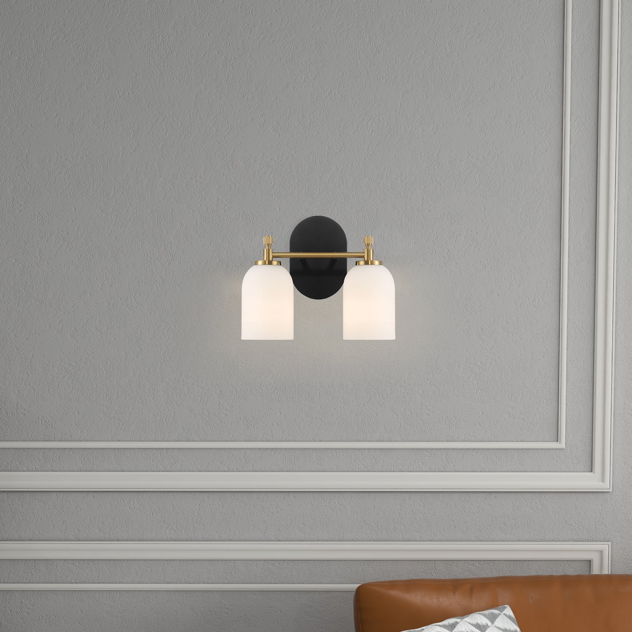 Noaman Vortex Traditional Style Two Lights Vanity Over Bathroom Mirror Wall Sconce with White Frosted Glass, 12.25"W x 10.125"H x 5.5"E, Black/Gold/White