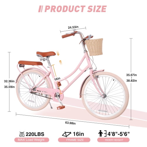 RAISTYW 22 Inch Beach Cruiser Bike for Girls, Commuter Bicycle with Front Basket , High Carbon Steel Frame, Comfortable City Bike for Outdoor Riding Pink