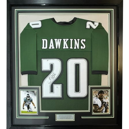 Framed Autographed/Signed Brian Dawkins 35x39 Philadelphia Green Football Jersey JSA COA