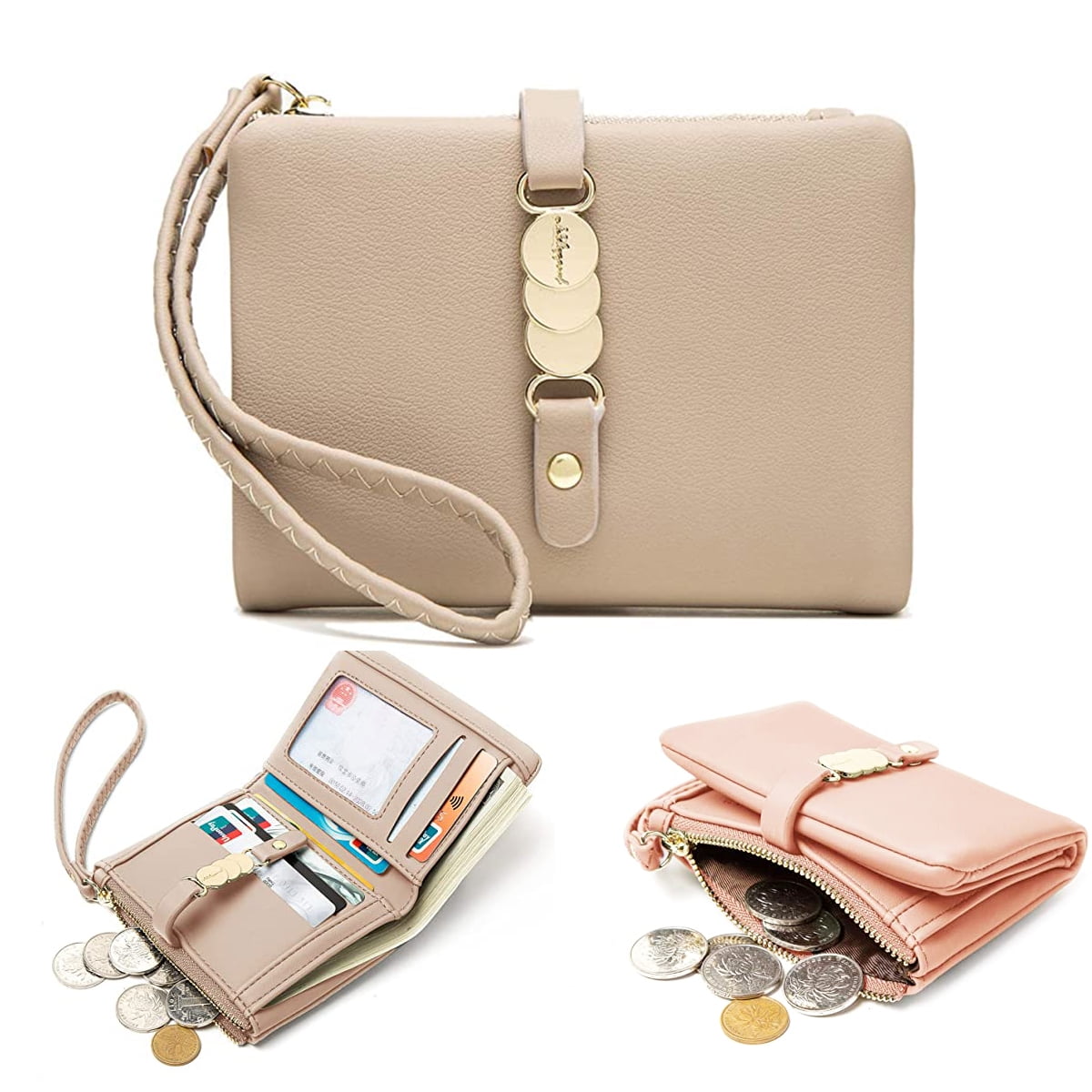 Womens Wallets Small Wristlet,Ladies Wallets for Card Coin,Change Purse  with Wrist Strap-Apricot 