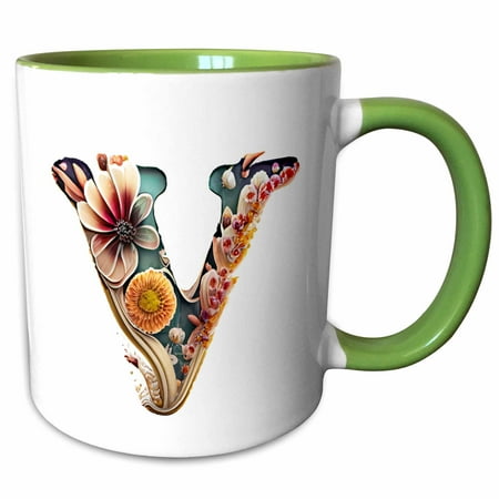 3drose, Boho Floral Monogram Initial V, 11oz Two-tone Green Mug