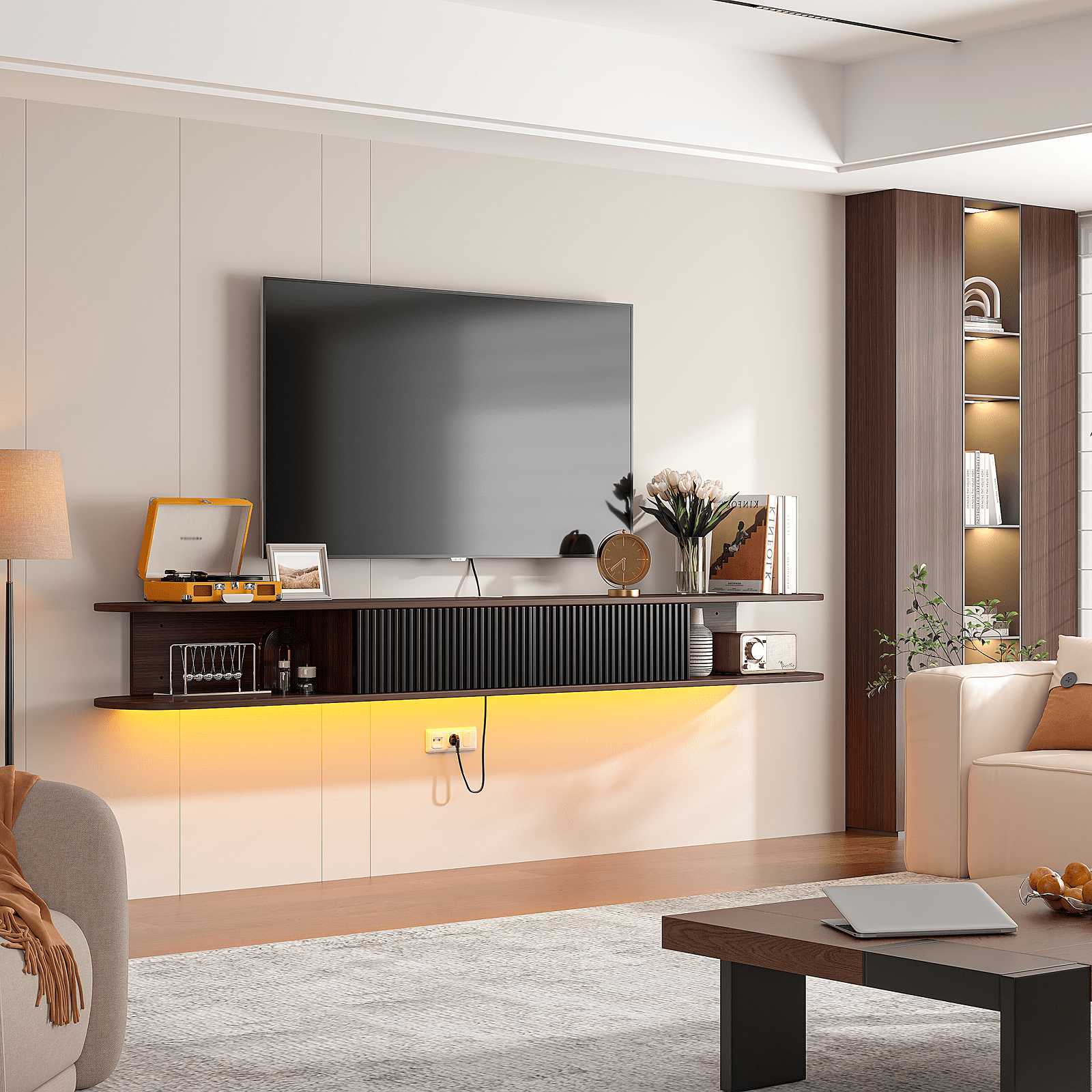 ​​FloatiCasa 78" Floating TV Stand Wall-Mounted Entertainment Center with 2 Doors and Vertical Groove Design for TVs up to 78" for Living Room and Bedroom, Walnut​​ and Black