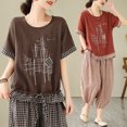 thumbnail image 2 of Conjunto de dos piezas de camiseta y pantalones Harlan informales para mujer con cuadros de cáñamo teñidos con hilo retro de Shot New para verano, 2 of 5