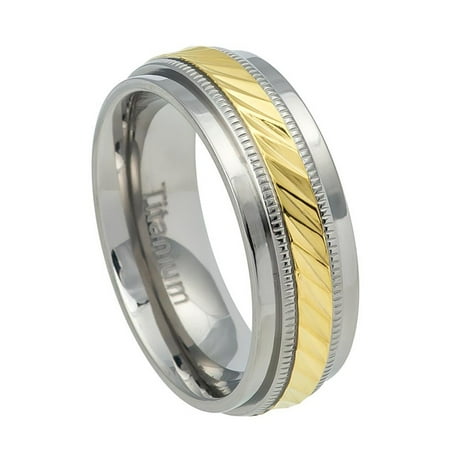 Milgrain Titanium Wedding Band - 7.5mm Titanium Step Edge with Yellow IP Center and Milgrain Grooves Wedding Band Ring For Men Or Ladies
