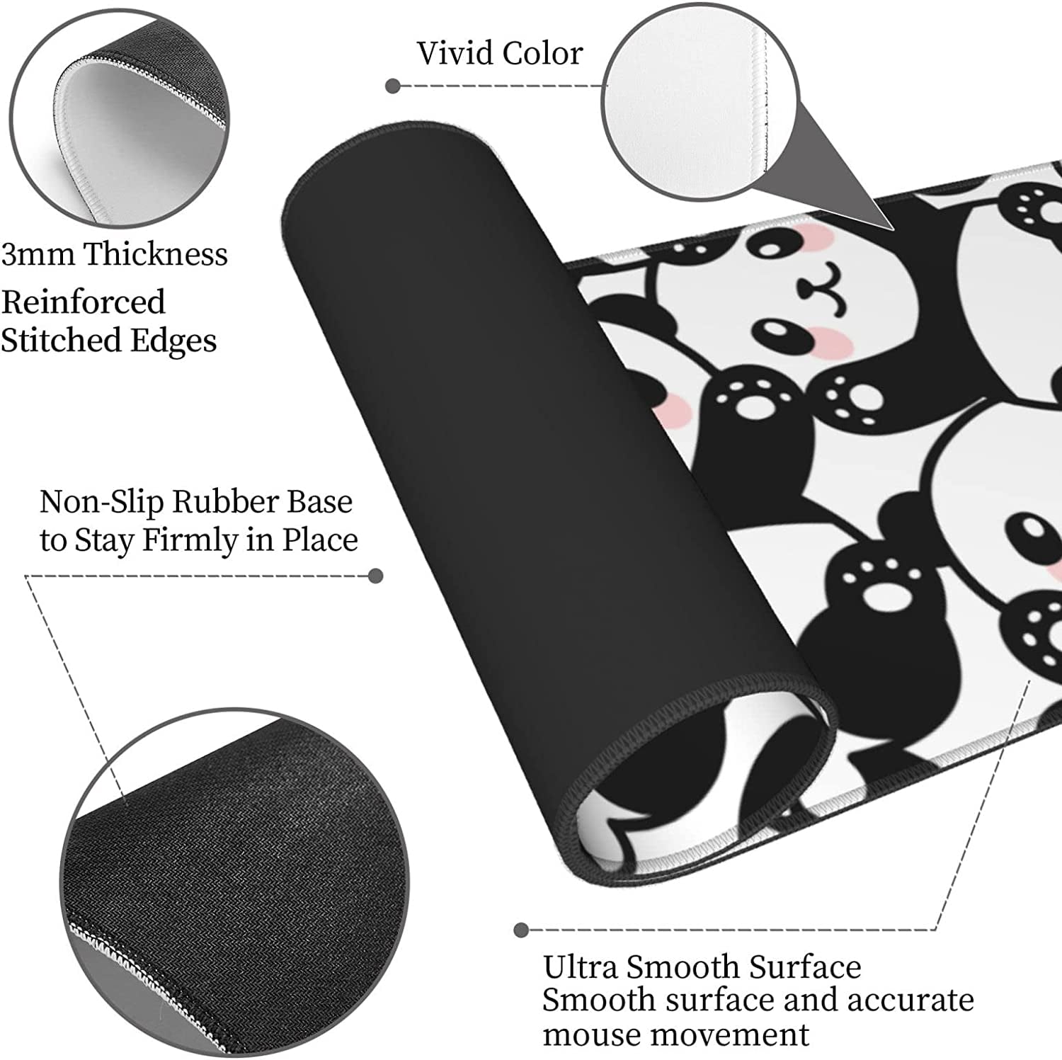 Cute Panda Print Mouse Pad Extended Large Gaming Mouse Pad XL Oversized Desk Pad Stitched Edges Non-Slip Mat 31.5 X 11.8 Inch
