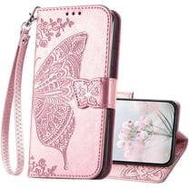 Compatible with iPhone 15 Pro Case Wallet for Women,Butterfly Embossed PU Leather Flip Cover Card Holder Slots Wrist Strap Protective Phone Case for iPhone 15 Pro 6.1 Inch (Rose Gold)