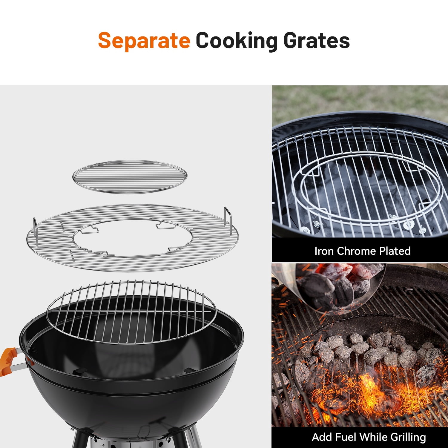 KEYO GRILL 21 in. Kettle Charcoal Grill with Removable Ash Catcher & Side Table, Thermometer, Black