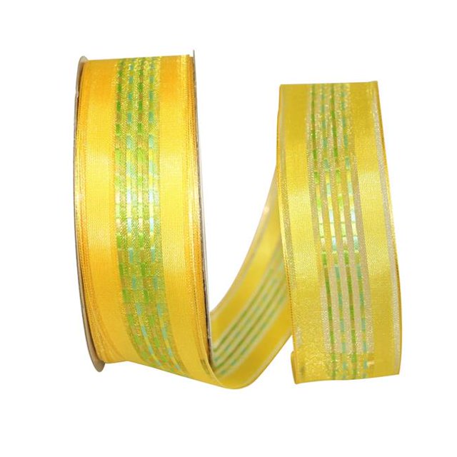 Reliant Ribbon 25746W-079-09K Sheer Ticking Stripe Value Wired Edge Ribbon - Yellow - 1.5 in. x 50 yards
