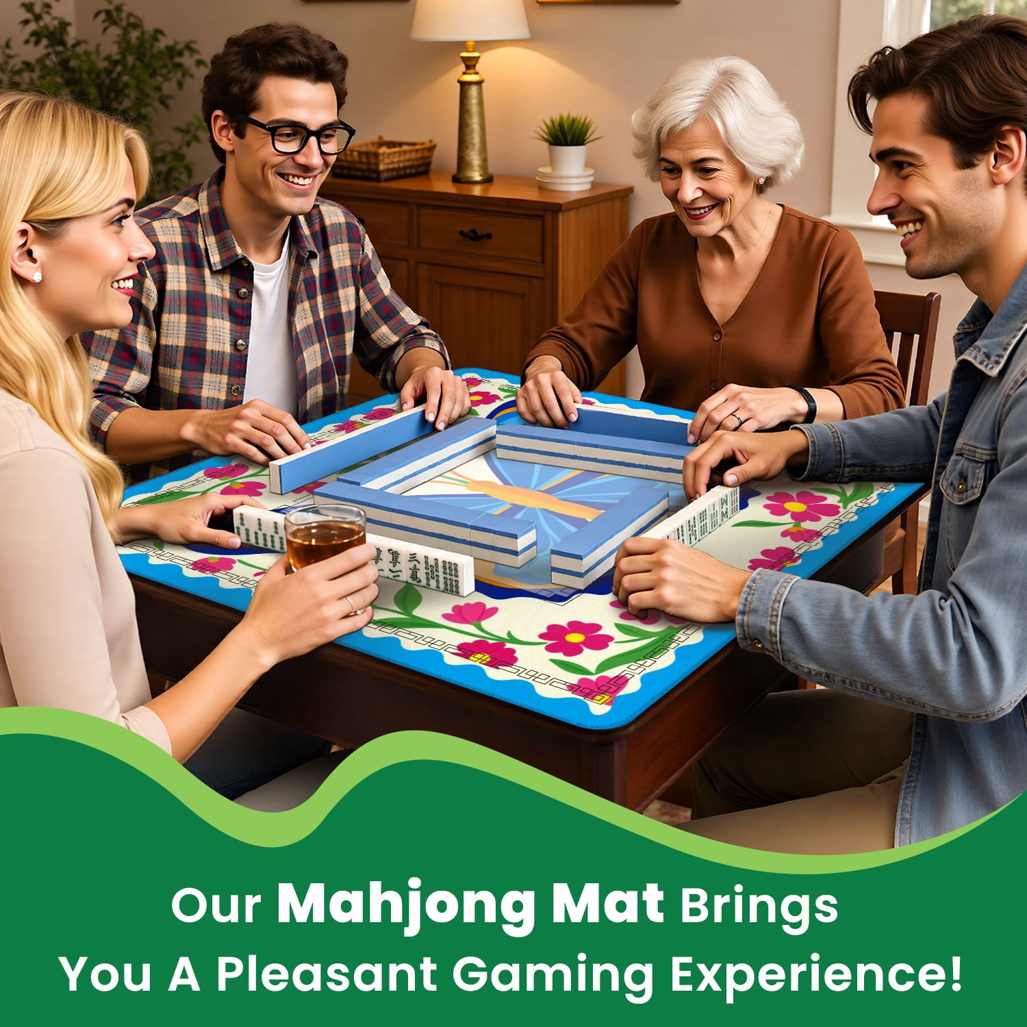 Mahjong Mat 31.5" x 31.5" Colorful Blue Orange Butterfly Pink Flowers Decorative Frame Non-Slip Noise Reduction American Mahjong Tiles Table Cover for Dominoes Poker Card Board Games Gift