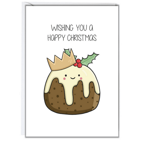 Cute Christmas Card - "Wishing You a Happy Christmas" Holiday Pudding Design - Envelope Included, Blank Inside - Perfect Greeting for Friends and Family