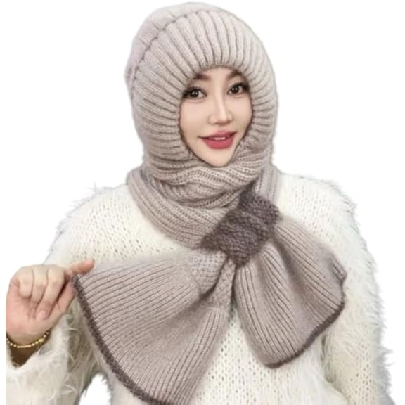 Winter Versatile Knitted Hooded Scarf for Women, Winter Cold Warm Windproof Thickened Ear Protection Conjoined Hat Scarf