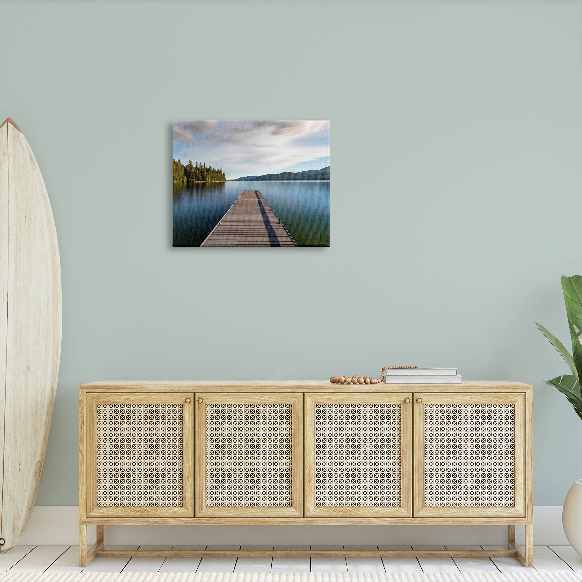Soothing Lake Dock Mountains Landscape Photograph Gallery Wrapped Canvas Print Wall Art