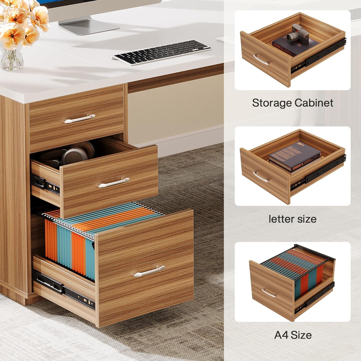 Tribesigns 85.8-Inch L-Shaped Executive Desk, Extra Large Modern Office Desk with File Drawers, Door Cabinet & Shelves, White & Brown