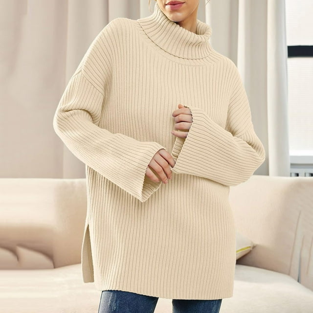 EGNMCR Chandail à Col Roulé pour Femmes, Chandails pour Femmes Femmes Col Roulé Uni Ouvert Manches Longues Col Roulé Chandail Côtelé Femme Femmes Chandail