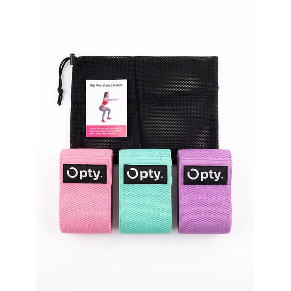 OPTY. Fabric Resistance Bands Set – 3 Non-Slip Booty Hip Exercise Loop Bands for Glutes, Legs & Thighs with Mesh Carry Bag and Workout Guide (Pink, Mint, Purple)