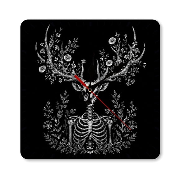 RKSupls 10×10inch Square Silent Wall Clock Wooden Frame, Skeleton Deer Flowers Scale Decorative Clock for Home Bedroom Living Room Office