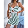 thumbnail image 5 of Women'S Casual Striped Contrasting High Waisted Knitted Suspender Wrap Hip Dress Tight Mini Dress Green L, 5 of 10