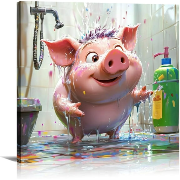 AVOI Pig Bathroom Wall Decor Canvas Art Cute Pig in Toilet Picture Funny Farm Animal Painting Modern Nursery Artwork Home Decor Unframe: 16x24in