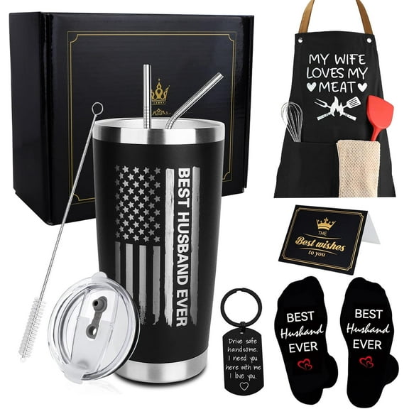 Gifts for Husband, 8PCS Husband Birthday Gift Set Includes Tumbler Straw Apron Socks Key Chain, Best Ever Husband Christmas Gifts from Wife for Valentines Day Anniversary Birthday Christmas