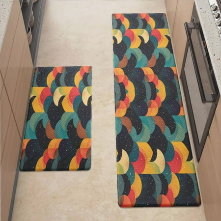 

Anti Fatigue Kitchen Mat Colorful Vibrant Wave Dynamic Sets of 2 Kitchen Rugs Non Slip Cushioned Standing Mat for Sink Floor Laundry Office Desk Mid 17.3 x 29 + Ultra 17.3 x 70.8