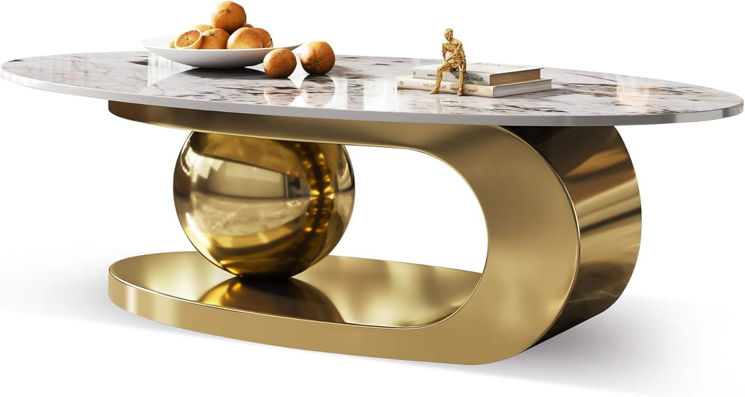 Tabaray Modern Oval Coffee Table Luxury Sintered Stone Top Coffee Table with Sculptural Geometric Stainless Steel Base,Mid-Century Marble Grain Center Table for Living Room,Gold