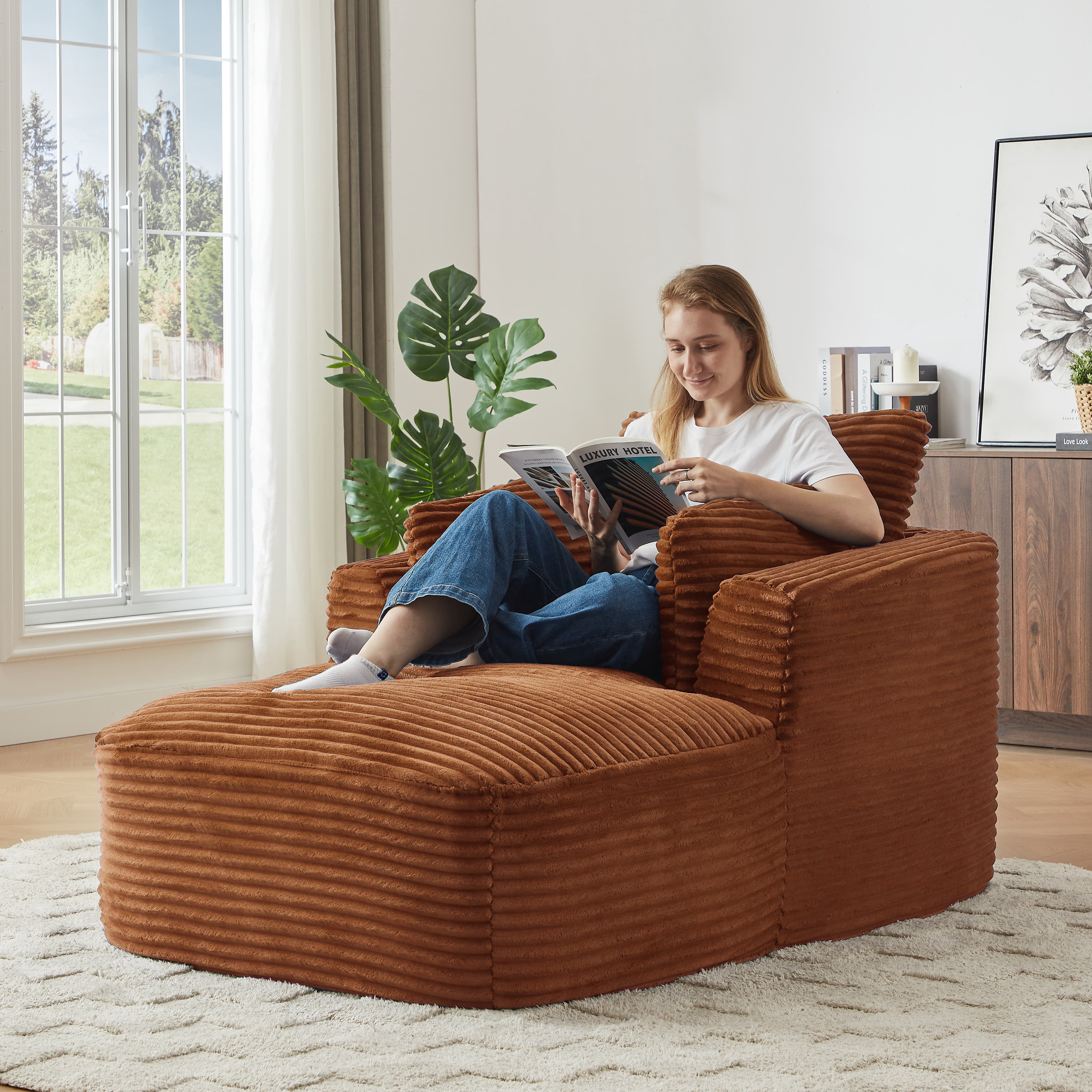MAYEERTY Oversized Corduroy Chaise Lounge Sofa, Modern Couch with Spring Cushion for Apartment, 45*65*36"Orange