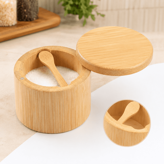 Salt Container Spice Jar, Wooden Seasoning Pot with Rotating Lid and Built-In Spoon, Opaque Countertop Storage for Herbs, 3.5 x 3.5 x 2.8 in