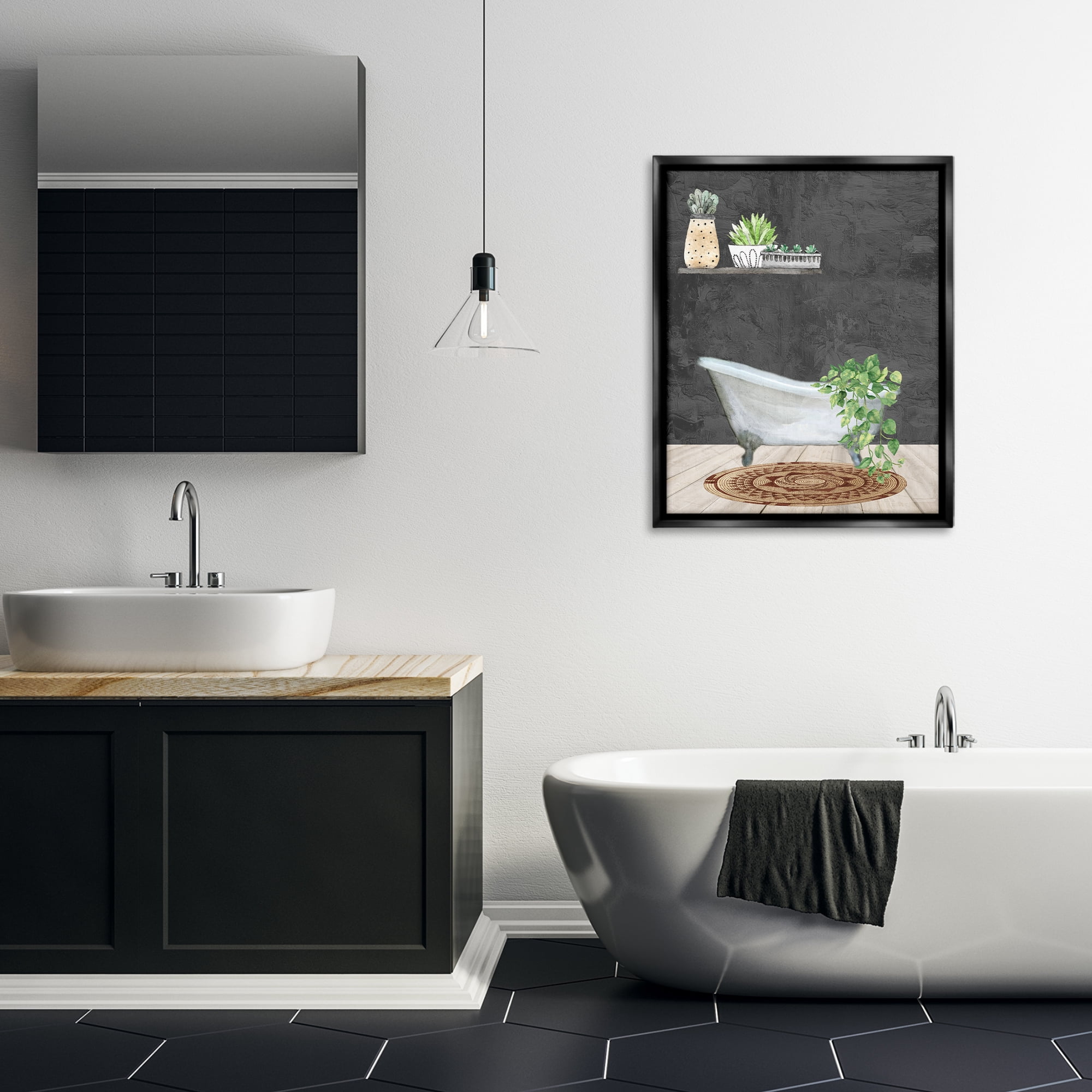 Stupell Industries Relaxing Greens Bathroom Bath & Laundry Painting Black Floater Framed Canvas Art Print Wall Art, 25 x 31