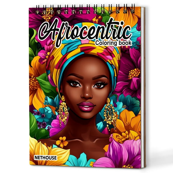 NETHOUSE Afrocentric Spiral Coloring Book for Adults Relaxation & Stress Relief, A5 Wooden Cover, 30 Stunning Coloring Pages of Beautiful African Women, Traditional Attire, Bold Headwraps
