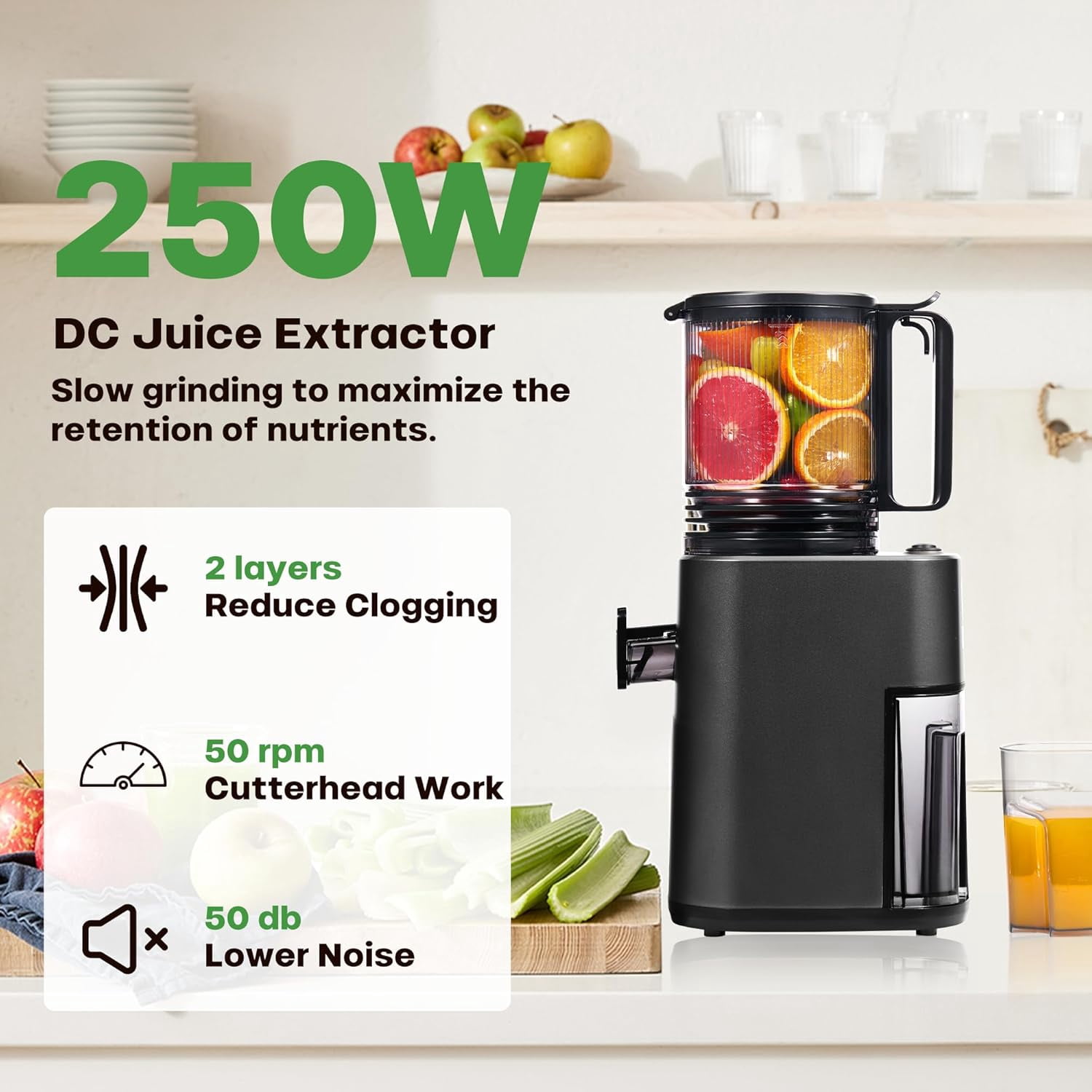 Slow Masticating Juicer Machines with 5.5" Large Feed Chute for Most Fruits and Vegetables