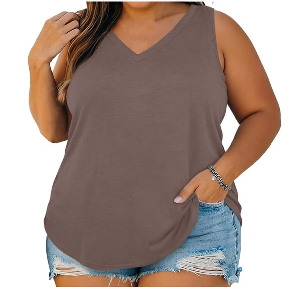 Lutiedan Women Plus Size Tank Tops Sleeveless V Neck Oversized T Shirts Casual Summer Loose Fit Curved Hem Ladies Tees Tops