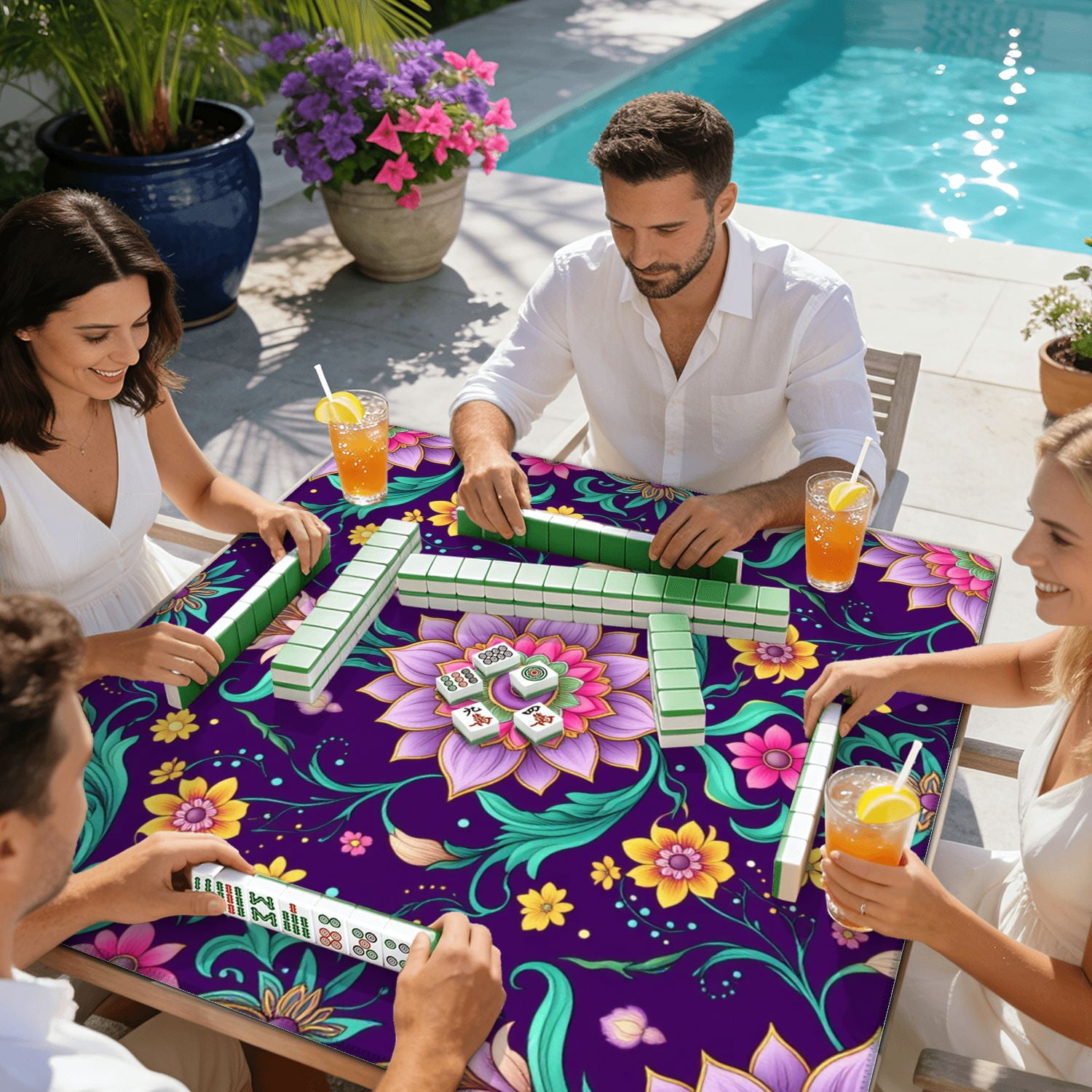 Mahjong Mat 31.5" x 31.5" Abstract geometric tiled ethnic seamless ornamental Design Non-Slip Noise Reduction American Mahjong Tiles Table Cover for Dominoes Poker Card Board Games Gift