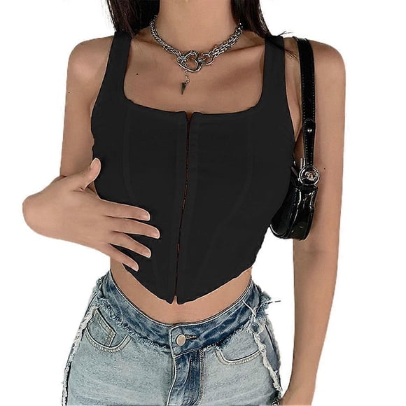 Womens Summer Sexy Corset Crop Top Open Button Front Bone Support Bustier Camisole Cute Night Out Petite Tops for Date Night,L