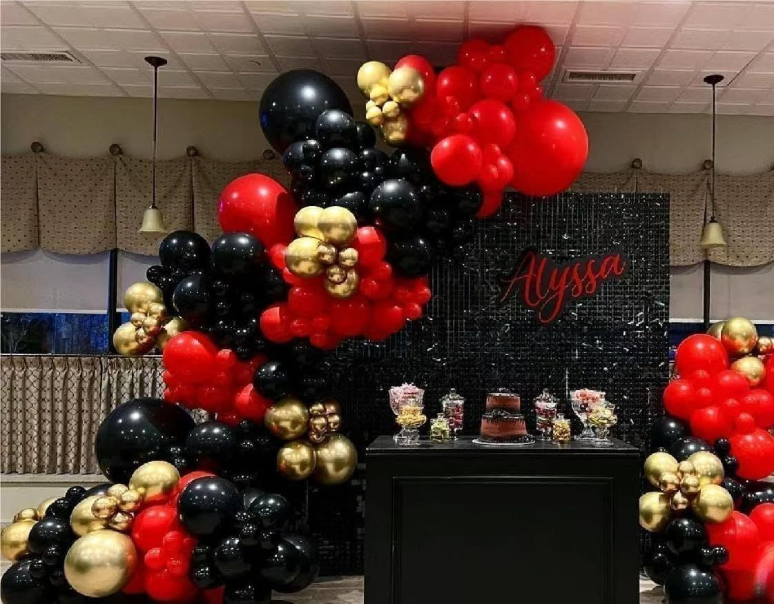 141Pcs Black Gold Red Balloon Garland Arch Kit Assorted Sizes 18/12/10/5 Inch Latex Balloons for Wedding Birthday Baby Shower Graduation Party Decorations