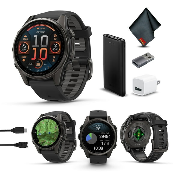 Garmin Fenix 8 43MM AMOLED Sapphire Multisport GPS Smartwatch Carbon Gray DLC Titanium with Black Gray Silicone Band, Built-in LED Flashlight Charging Bundle