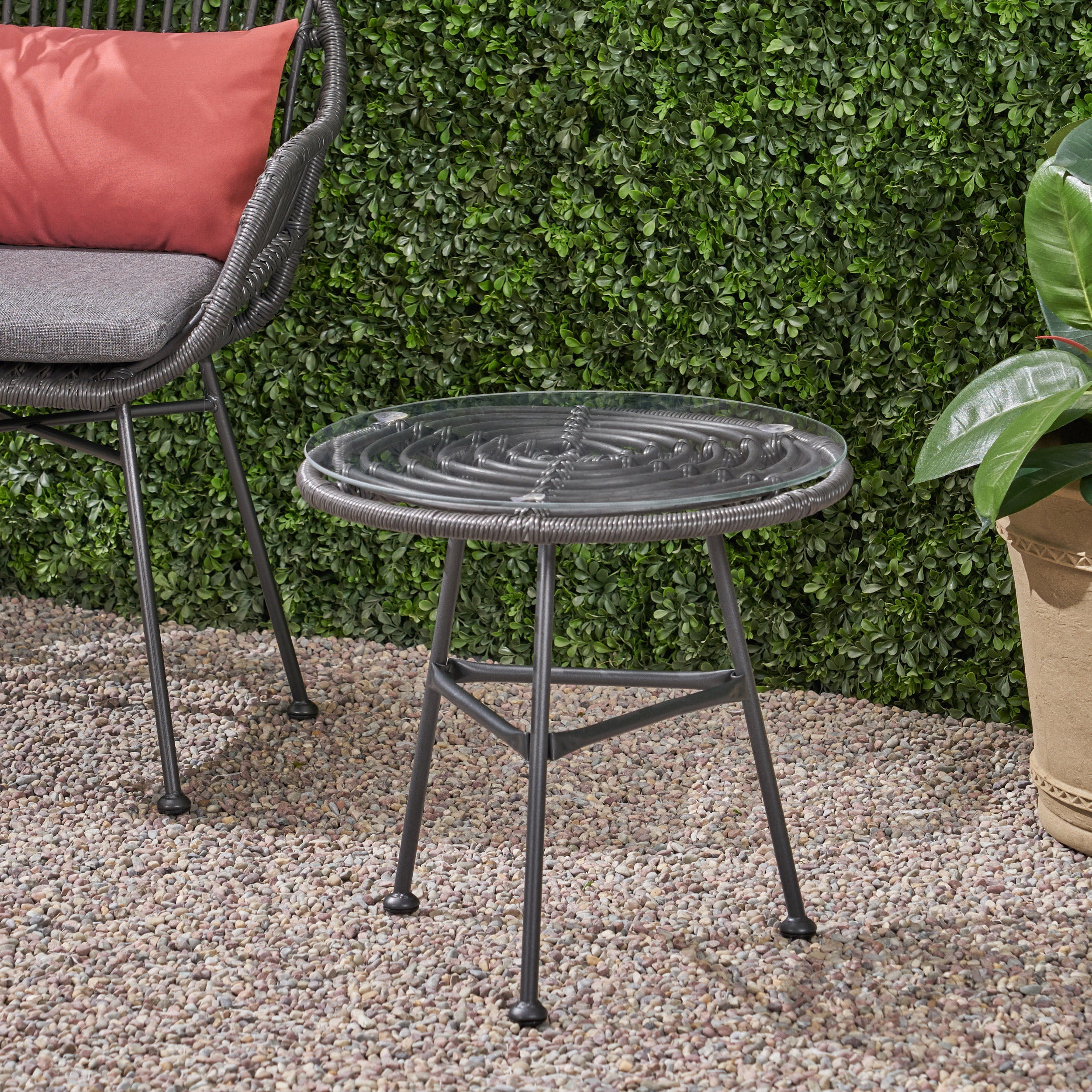 Euroco Modern Round Outdoor Side Table, Rattan Woven Top with Tempered Glass, Steel Frame