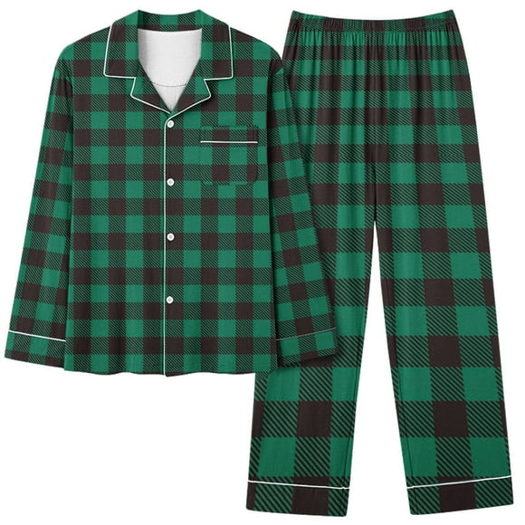 Bowake Womens Plaid Pajama Sets Lapel Long Sleeve Button down Shirts and Pants 2 Piece Outfits Plus Size Sleepwear Pjs