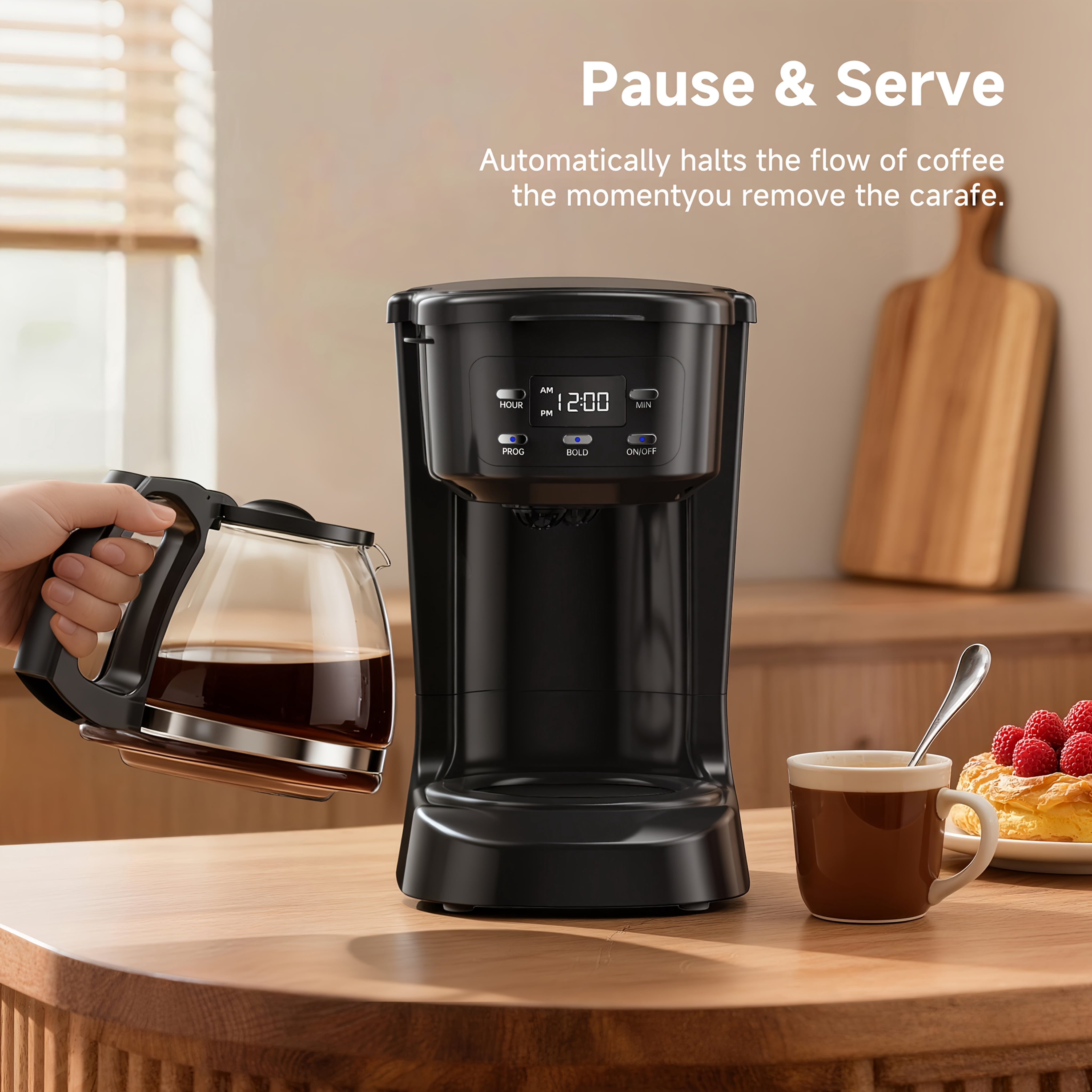 5-Cup Digital Coffee Maker, Programmable, Washable Basket Filter, Sneak-A-Cup, Auto Brew, Water Window, Keep Hot Plate, Black