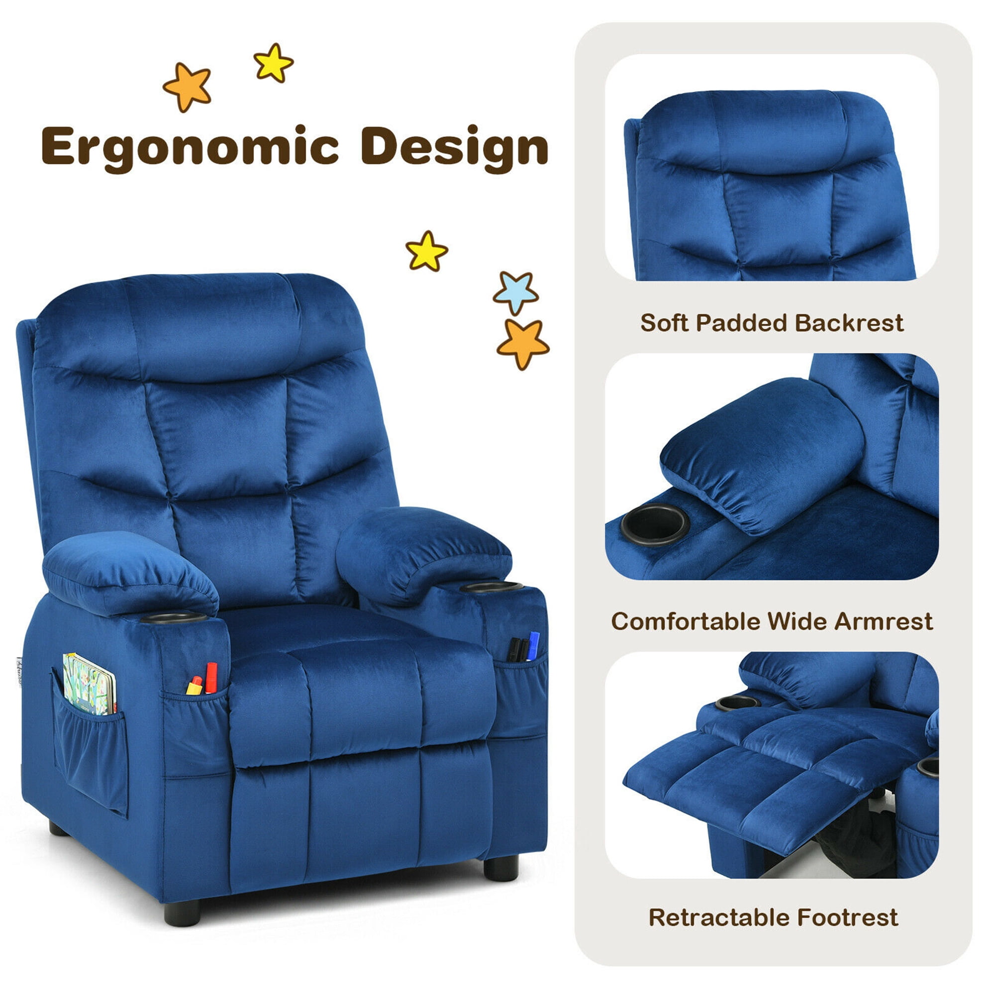 Gymax Kids Youth Recliner Chair Velvet Fabric w/Cup Holder & Side Pocket Blue