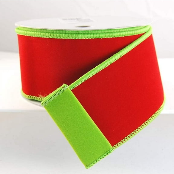 Wire Edged Rochester Reversible Lime Green and Red Velvet Christmas Ribbon 1 1/2" 10 Yards