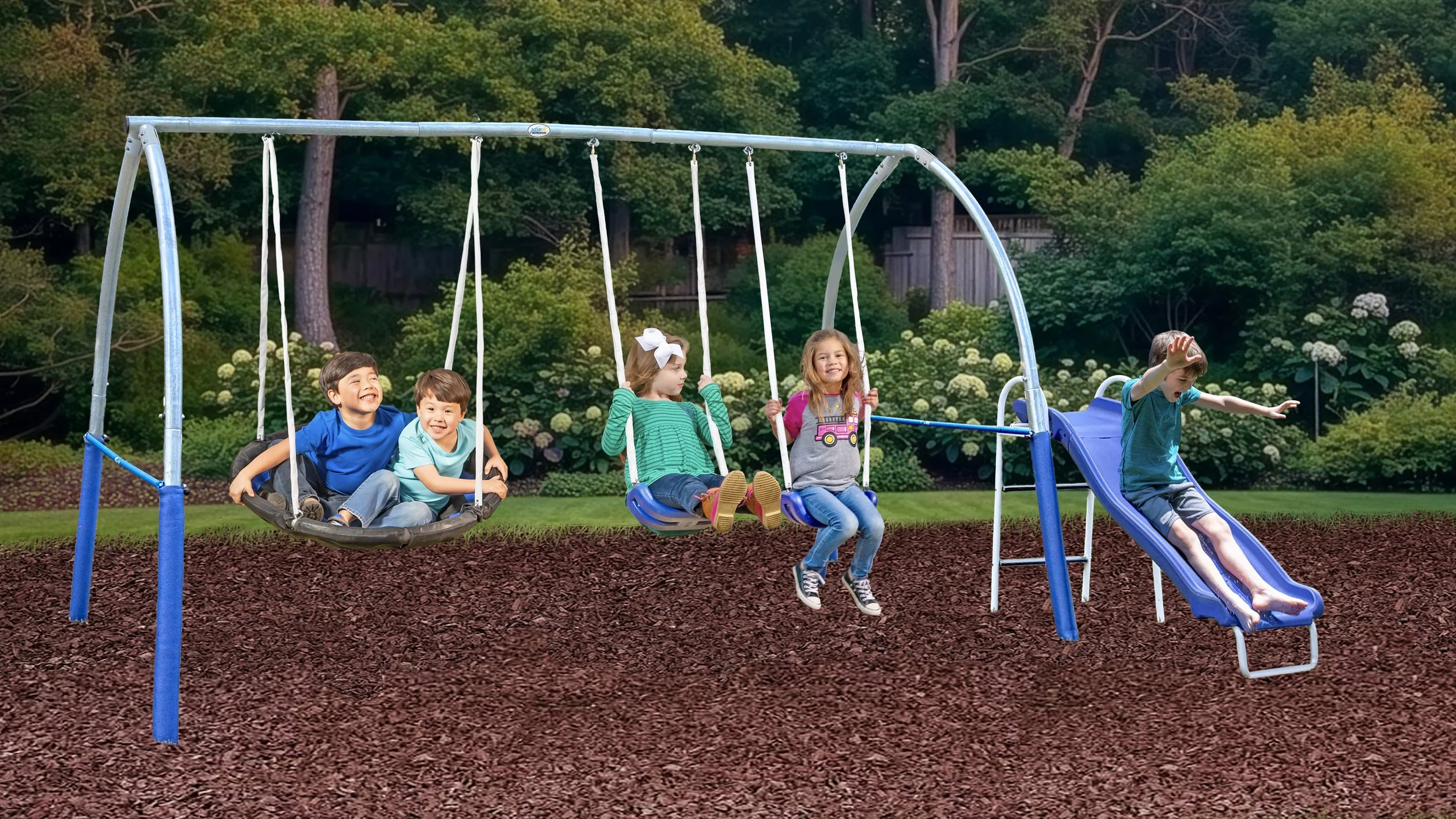 XDP Recreation Super Disc Swing Set Plus with Safe Arch Design, Slide & 2 Swings