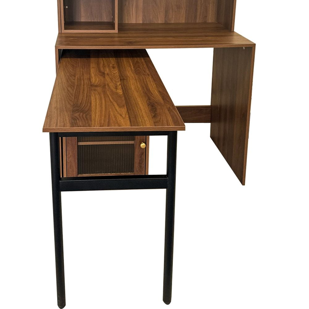 LUMAMIN Rotating Computer Desk, L Shaped Desk Writing Table Home Office Workstation with 90° Extendable Desktop, Glass-Door Cabinets, Bookshelf & Hutch, White