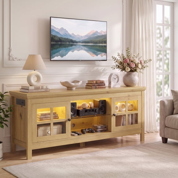 Homieasy Farmhouse 55'' TV Stand for TVs Up to 60'', Wood Entertainment Center with Charging Station, LED Lights and Shelves for Living Room, Yellow Oak