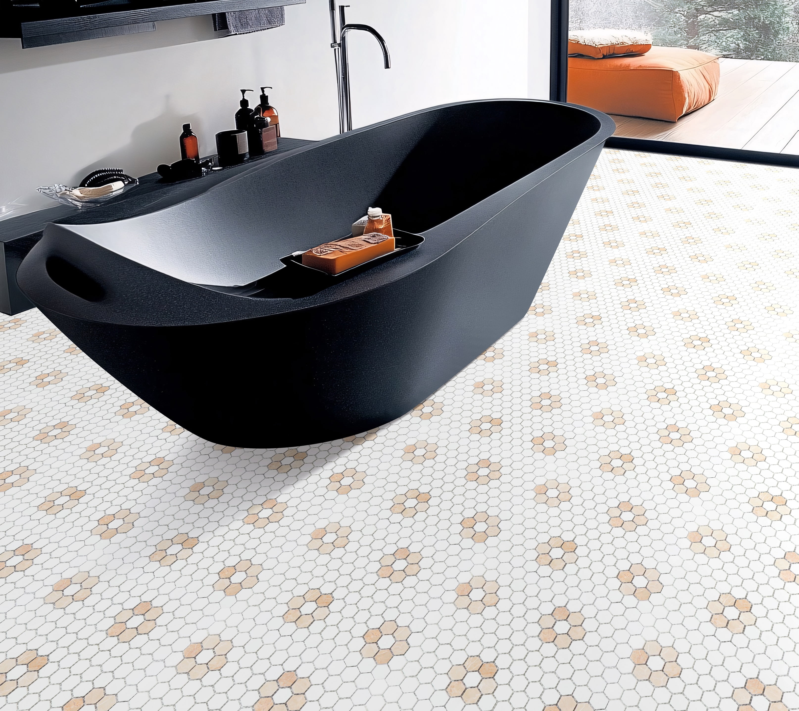 Thassos White and Peach 1" x 1" Marble Honeycomb Mosaic Wall & Floor Tile - Case (10 Sheets)
