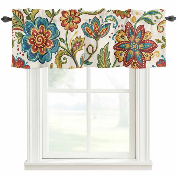 Bohemia Floral Valances for Windows Vintage Pesley Blue Flowers Leaf Plant Pattern Rod Pocket Curtain Valance Window Treatment Short Curtains for Kitchen Living Room, 42"x18"