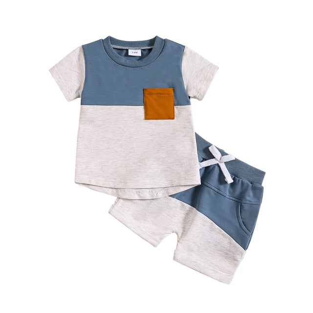 Yuyuzo 2 Piece Set for Baby Boy Short Sleeve Tops Shorts Set Color Block Sweatsuit Toddler Outfits